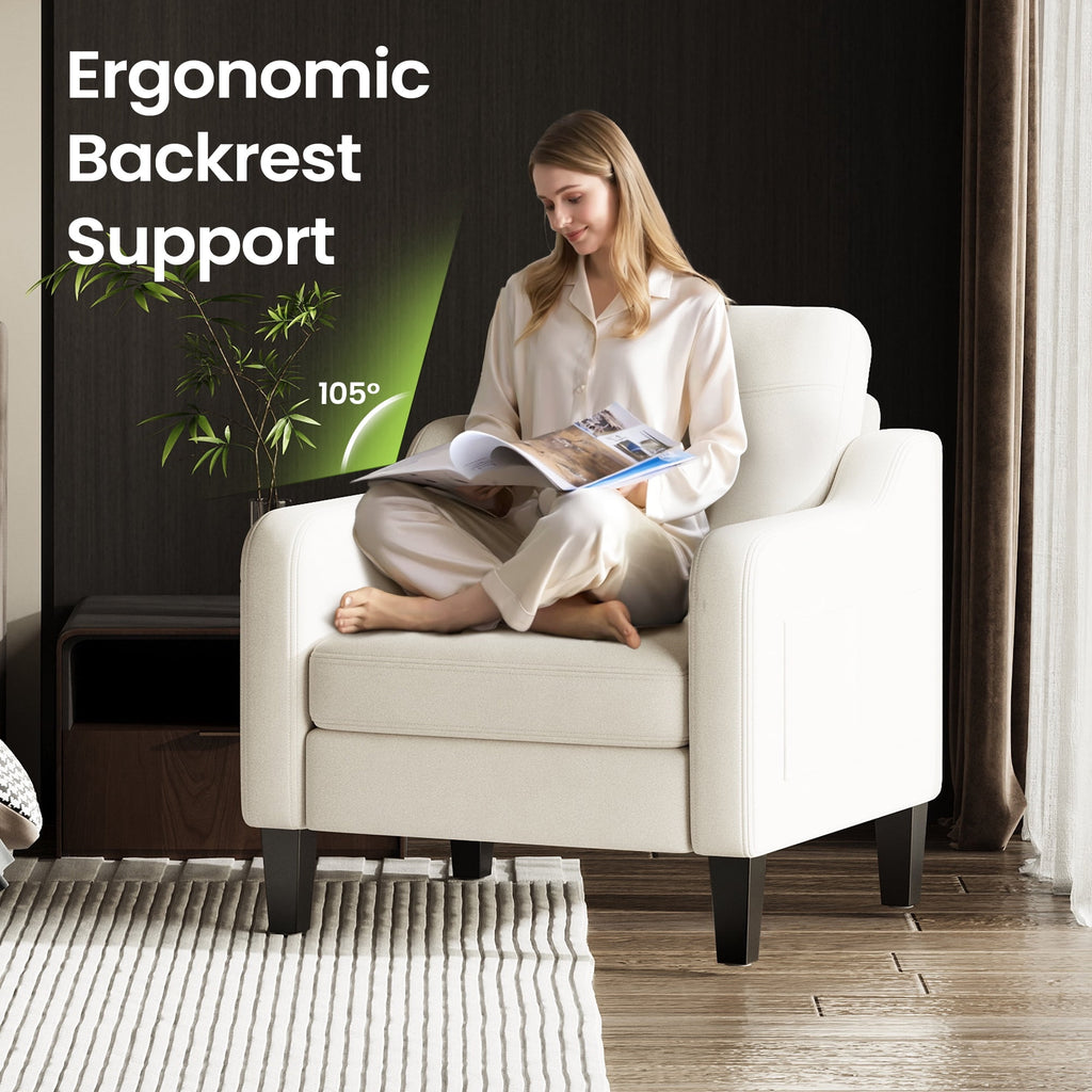 EOP Accent Chair with Foldable Table, Beige Linen Fabric Armchair with Side Pockets, Comfy Reading Chair for Living Room Bedroom