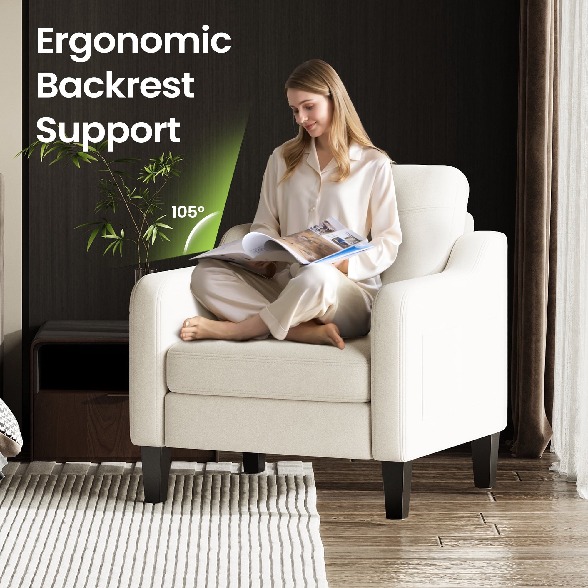 EOP Accent Chair with Foldable Table, Beige Linen Fabric Armchair with Side Pockets, Comfy Reading Chair for Living Room Bedroom