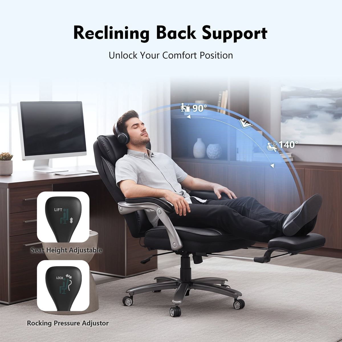 EOP Massage Big and Tall Office Chair with Heat and 4 Vibration Points, Executive Desk Chair with Adjustable Footrest, Black