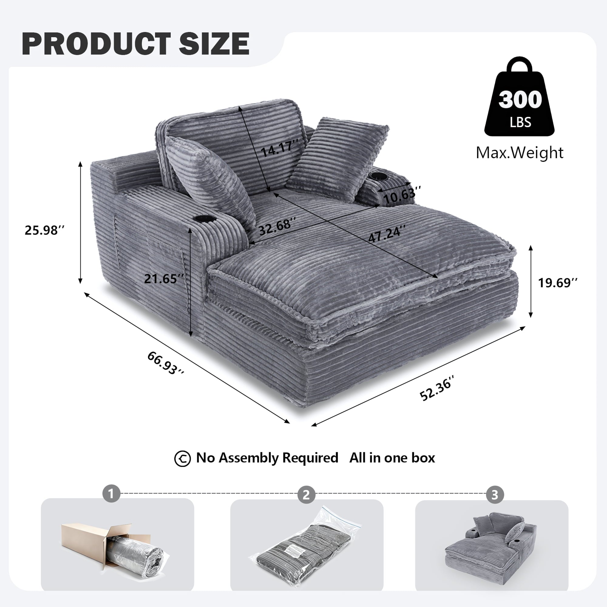EOP 67'' Oversized Chaise Lounge Chair Indoor, Plush Boneless Cloud Couch with Side Pockets & Cup Holders, Comfy Corduroy Sleeper Couch with Removable Pillows for Living Room, Gray
