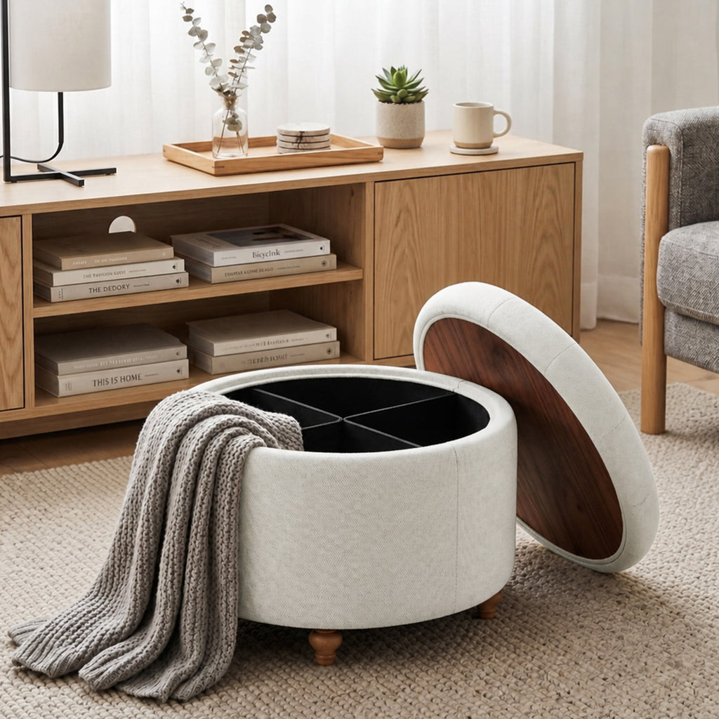 EOP 25" Round Storage Ottoman, Tufted Fabric Modern Circle Ottoman with Reversible Tray Lid, Solid Wood Legs, Multi-Use Coffee Table & Seating for Living Room, Bedroom, Beige