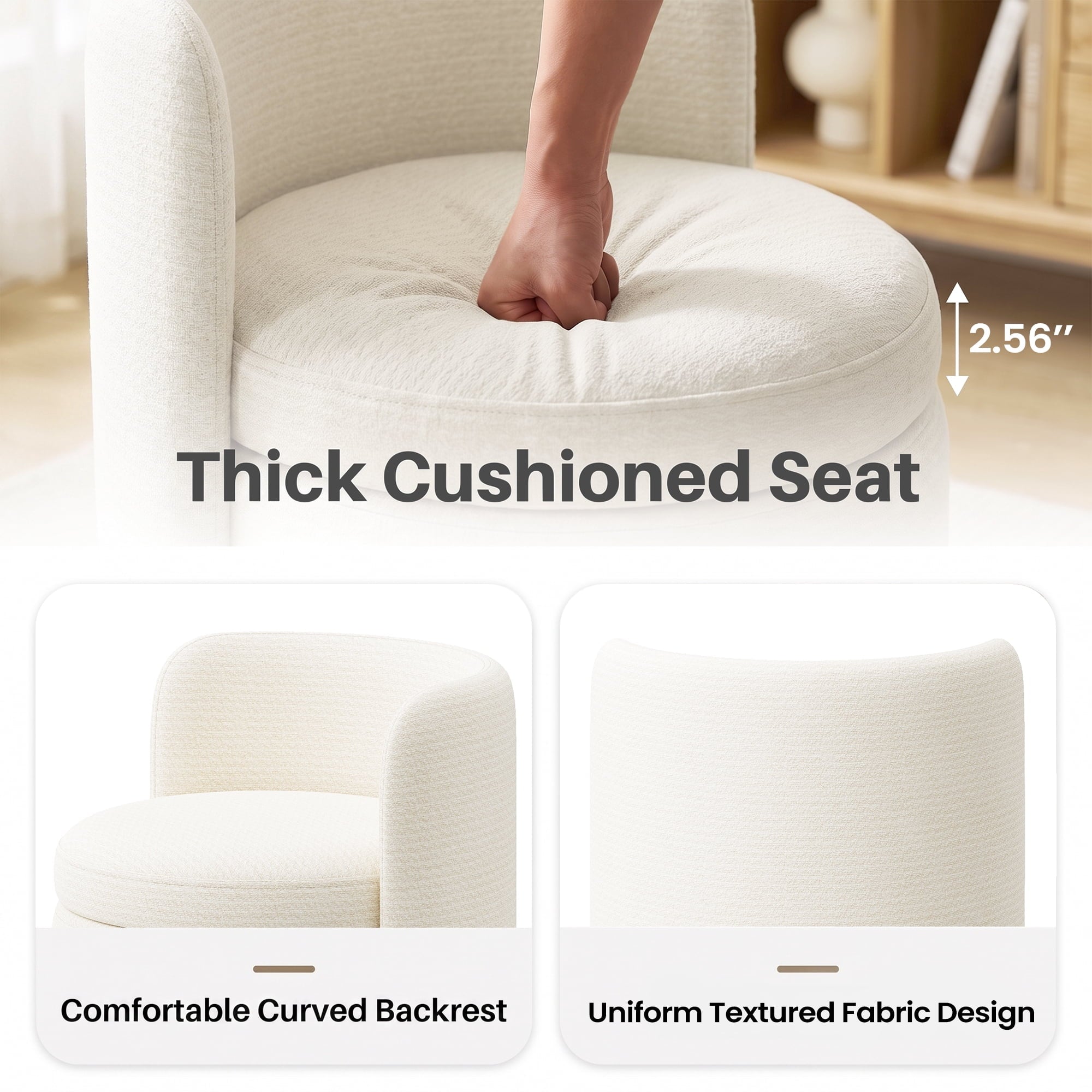 EOP Vanity Chair with Storage, 360° Swivel Upholstered Makeup Vanity Stool with Back, Modern Round Accent Stool for Bedroom or Dressing Room, White