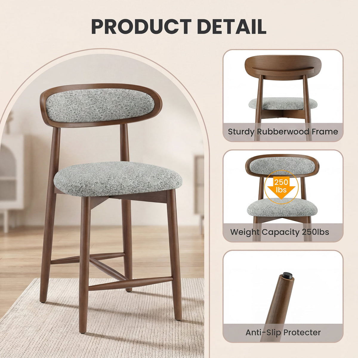 EOP Modern Bar Stools Set of 4, Upholstered 24.8″ Counter Height Bar Stools, Kitchen Island Barstools with Wood Legs for Kitchen Island Dining Room Bar, Light Gray