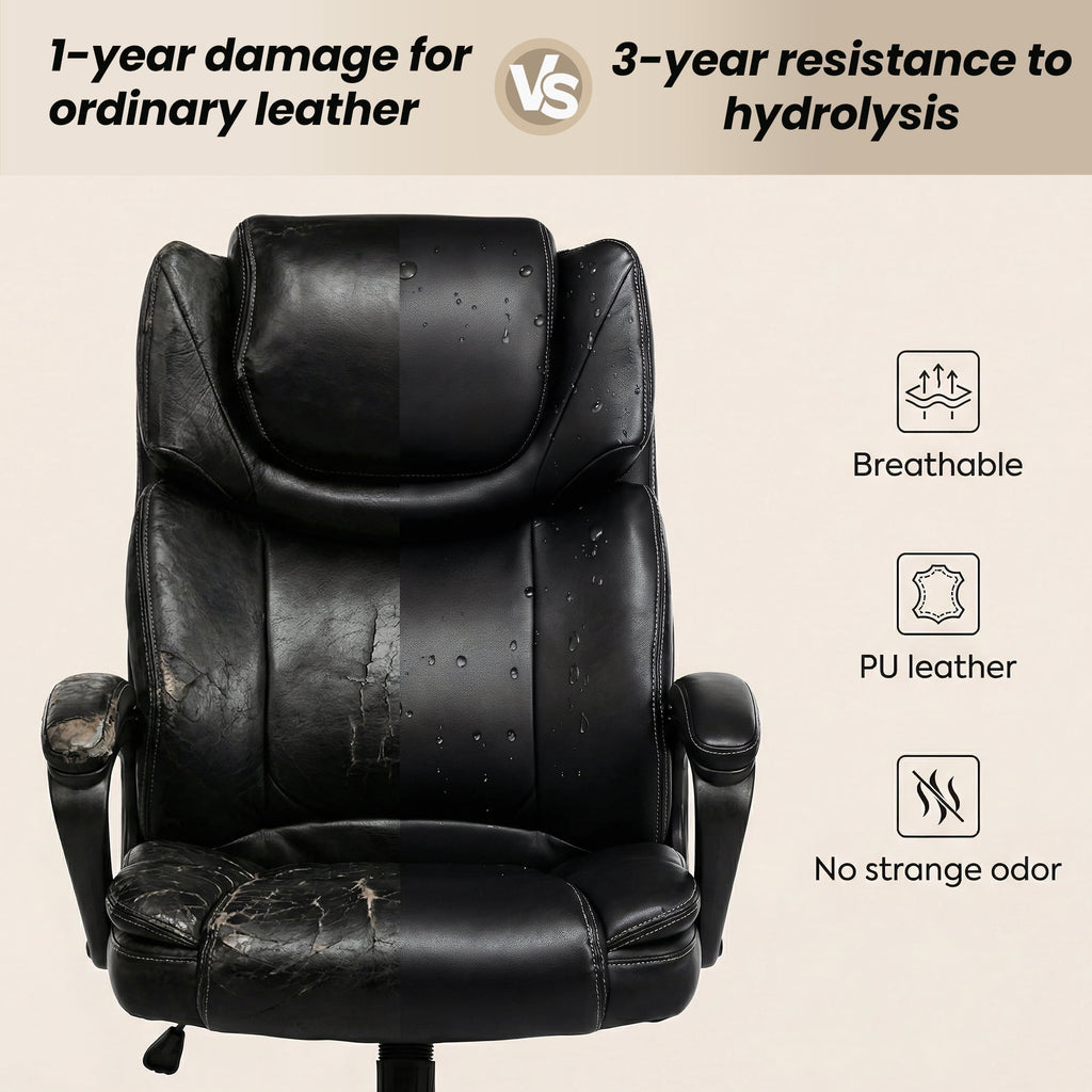 EOP Big and Tall Office Chair with Footrest, Heated Massage Faux Leather Computer Chair with 3D Linkage Armrests and Lumbar Pillow, Black