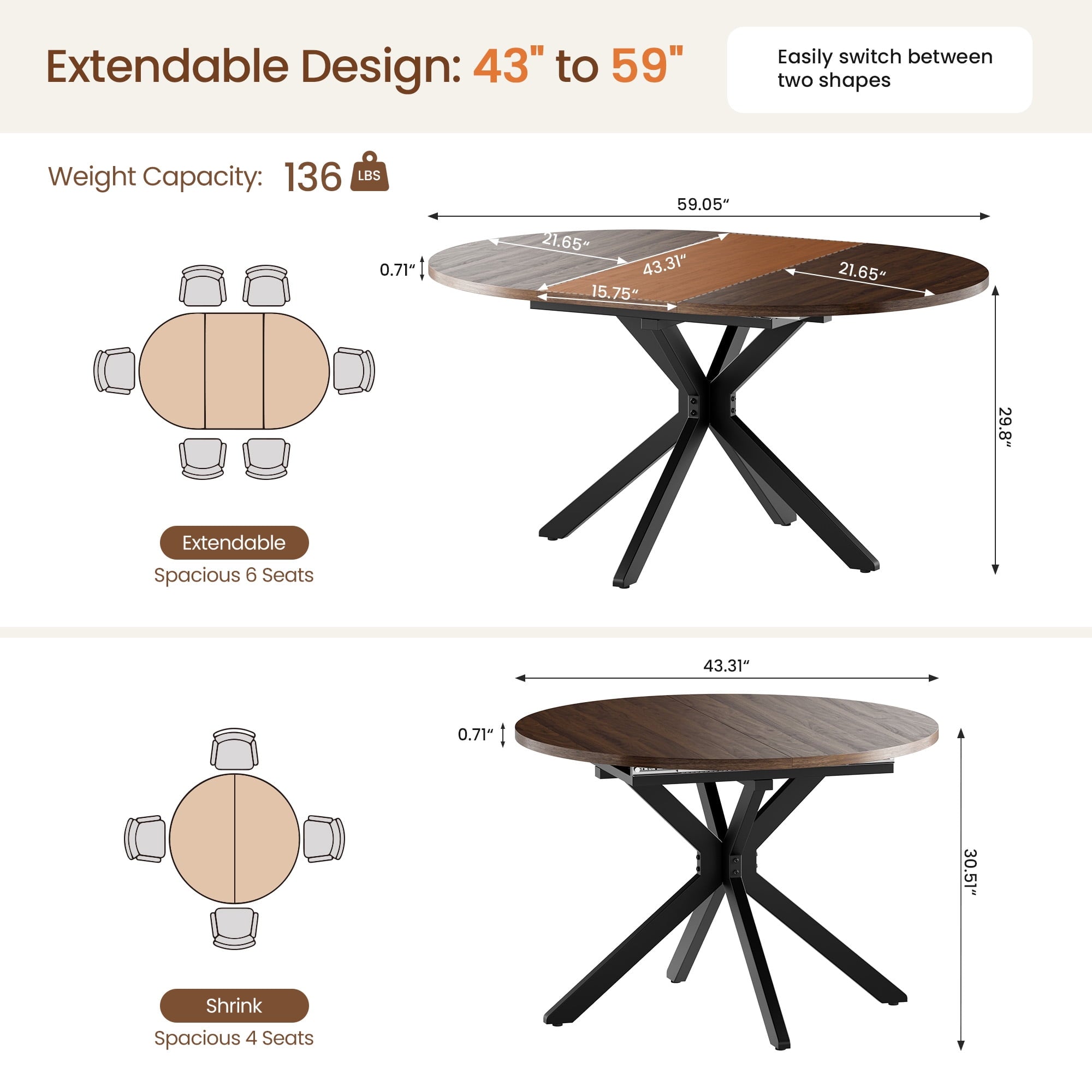 EOP 43″- 59″ Extendable Round Dining Table for 4-6, Farmhouse Oval Kitchen Table with Removable Leaves, Mid Century Modern Dining Room Table with Metal Frame, Space Saving, Walnut