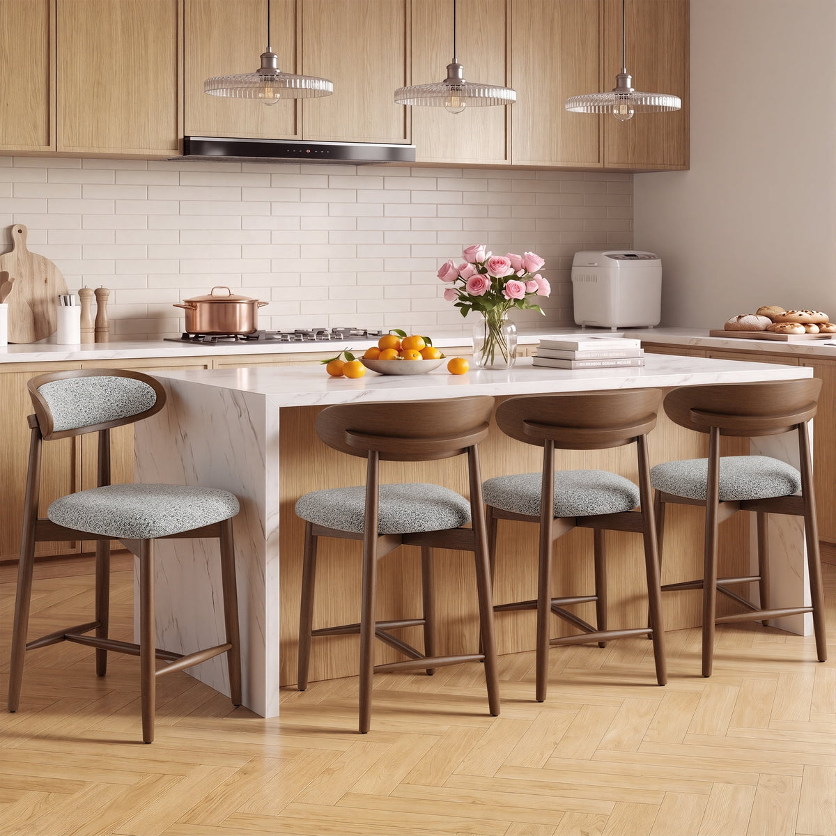EOP Modern Bar Stools Set of 4, Upholstered 24.8″ Counter Height Bar Stools, Kitchen Island Barstools with Wood Legs for Kitchen Island Dining Room Bar, Light Gray