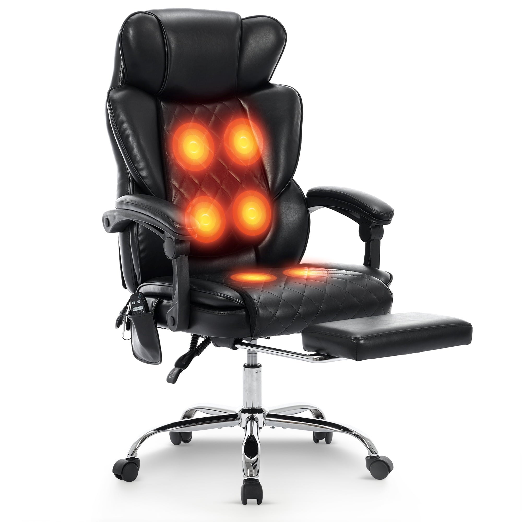EOP Massage Office Chair, Reclining Faux Leather Chair with Heat and 6 Vibration Points, Big and Tall Executive Desk Chair with Headrest and Adjustable Footrest, Black