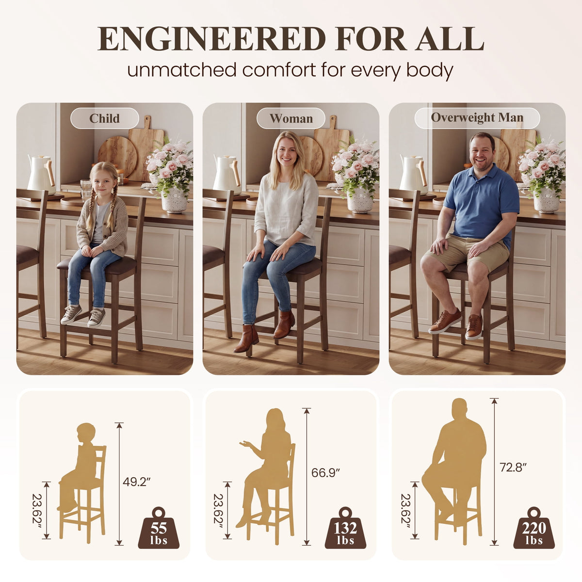 EOP Wood Bar Stools, PU Leather Upholstered Bar Chairs with Slat Back, Count Height Barstools with Footrest for Kitchen Island