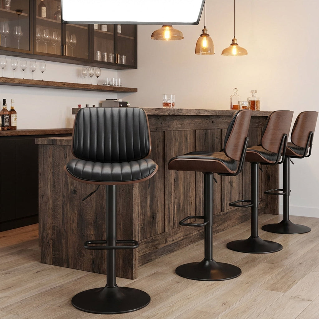 EOP Modern Upholstered Barstools Set of 4, Adjustable Height Counter Stools with Bentwood, Faux Leather Swivel Bar Stools with Metal Frame, Black