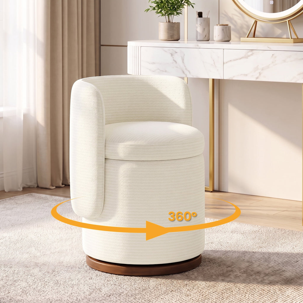 EOP Vanity Chair with Storage, 360° Swivel Upholstered Makeup Vanity Stool with Back, Modern Round Accent Stool for Bedroom or Dressing Room, White