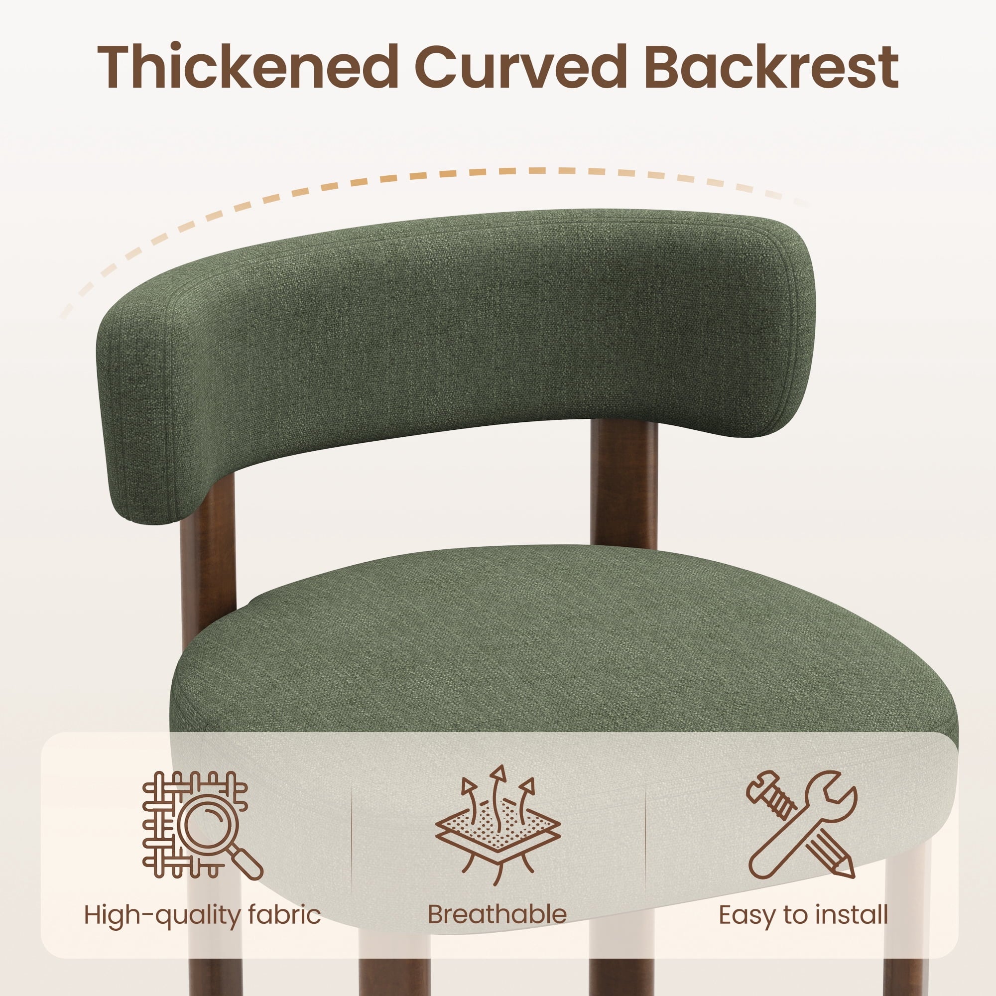 EOP Fabric Dining Chairs Set of 2, Mid-Century Modern Upholstered Kitchen Chairs with Curved Backrest and Wood Legs for Dining Room or Restaurant, Green