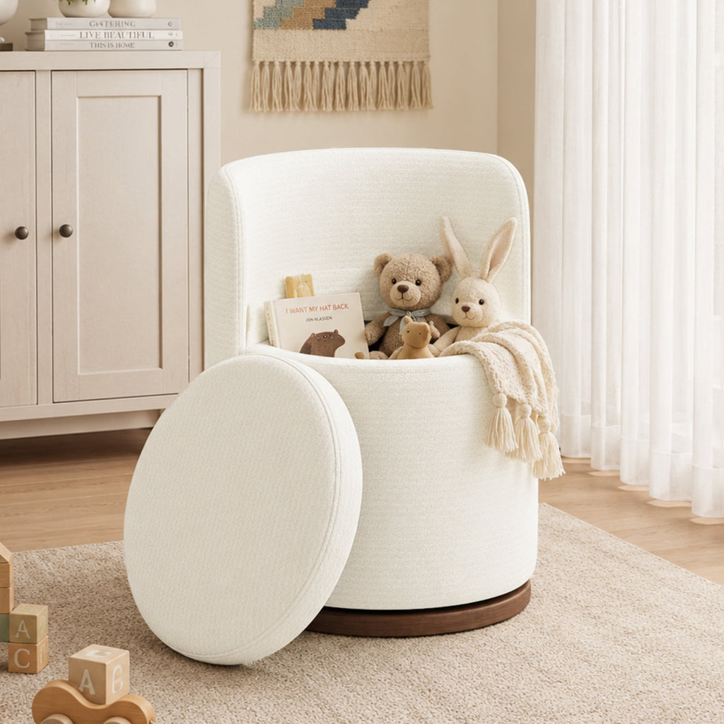 EOP Vanity Chair with Storage, 360° Swivel Upholstered Makeup Vanity Stool with Back, Modern Round Accent Stool for Bedroom or Dressing Room, White