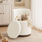 EOP Vanity Chair with Storage, 360° Swivel Upholstered Makeup Vanity Stool with Back, Modern Round Accent Stool for Bedroom or Dressing Room, White