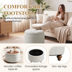 EOP 25" Round Storage Ottoman, Tufted Fabric Modern Circle Ottoman with Reversible Tray Lid, Solid Wood Legs, Multi-Use Coffee Table & Seating for Living Room, Bedroom, Beige