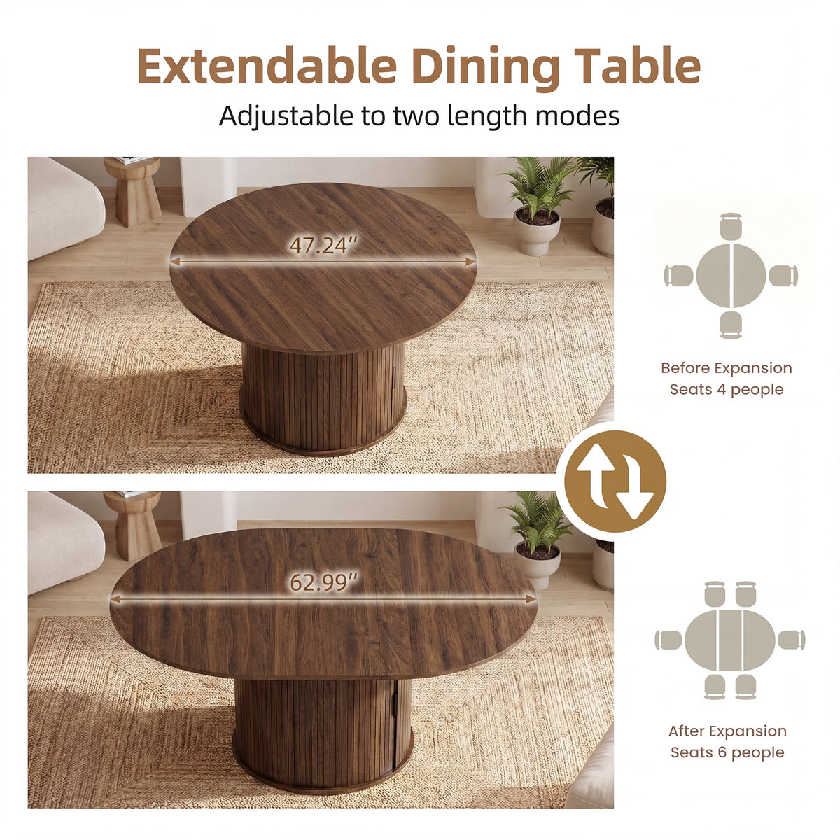 EOP 47″- 63″ Extendable Round Dining Table for 4-6, Wooden Kitchen Table with Hidden Storage and Fluted Sliding Door Cabinet, Modern Space-Saving Table for Dining Room Kitchen, Walnut