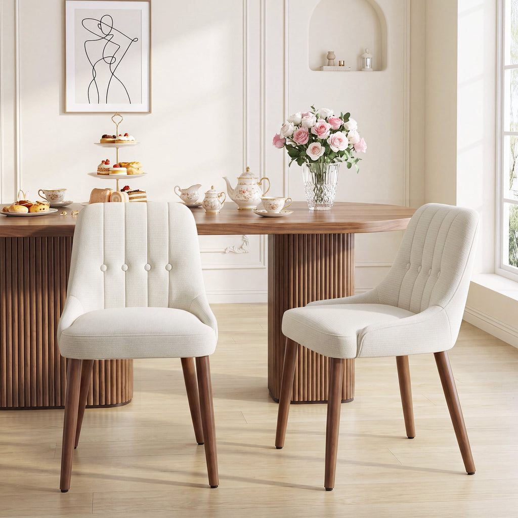 EOP Wooden Dining Chairs Set of 2, Modern Tufted Button Kitchen Chairs with Solid Wood Legs, Upholstered Fabric Dining Room Chairs for Living Room Bedroom, Beige