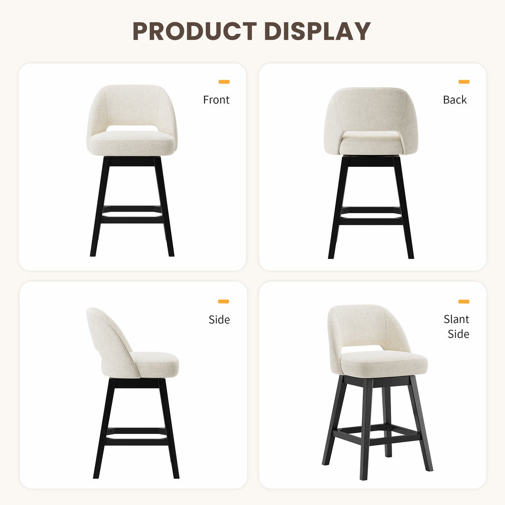 EOP 26'' Swivel Counter Height Bar Stools Set of 2, Modern Upholstered Bar Stools with Curved Back and Solid Wood Legs, Bar Chairs for Kitchen Island Home Bar, Beige