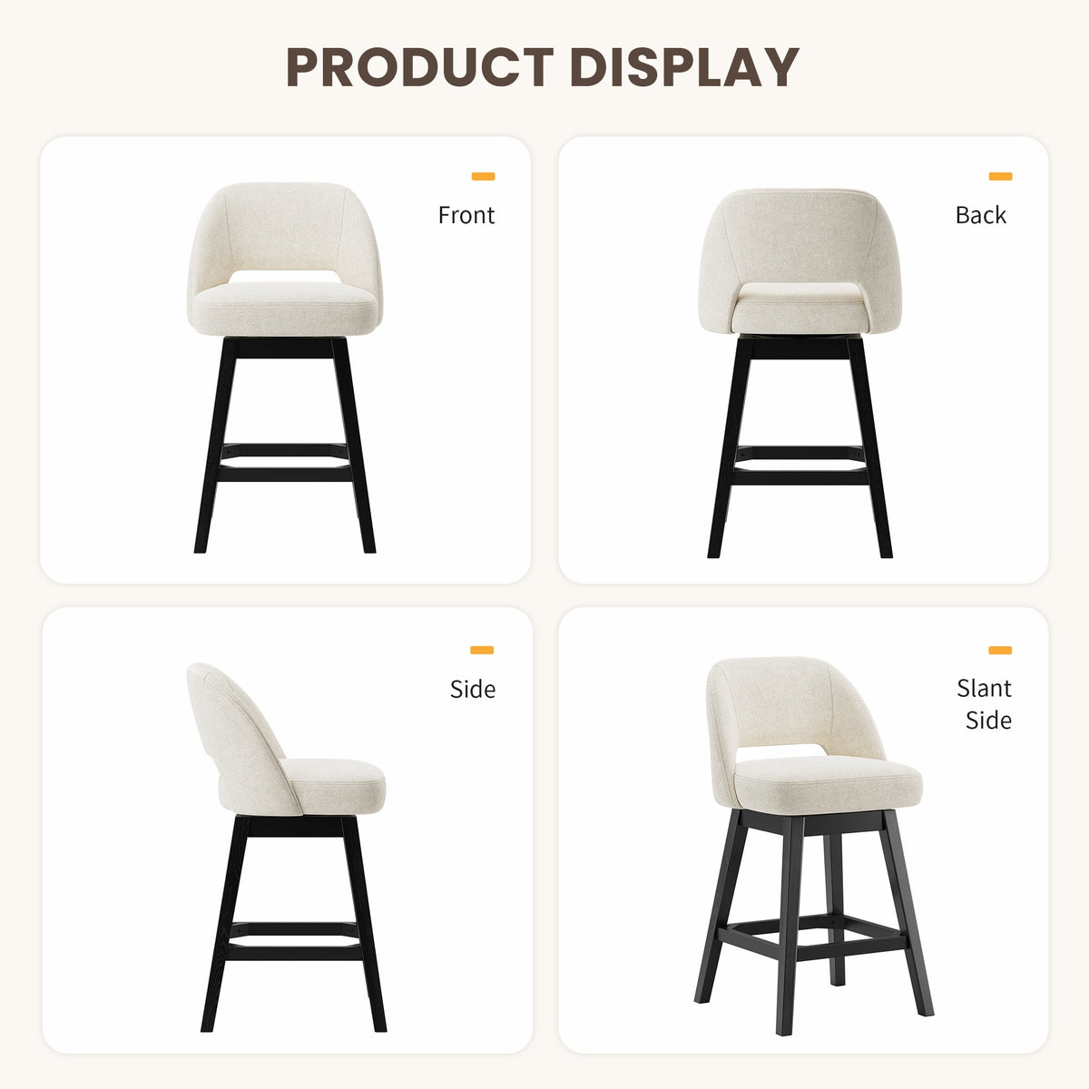 EOP 26'' Swivel Counter Height Bar Stools Set of 2, Modern Upholstered Bar Stools with Curved Back and Solid Wood Legs, Bar Chairs for Kitchen Island Home Bar, Beige