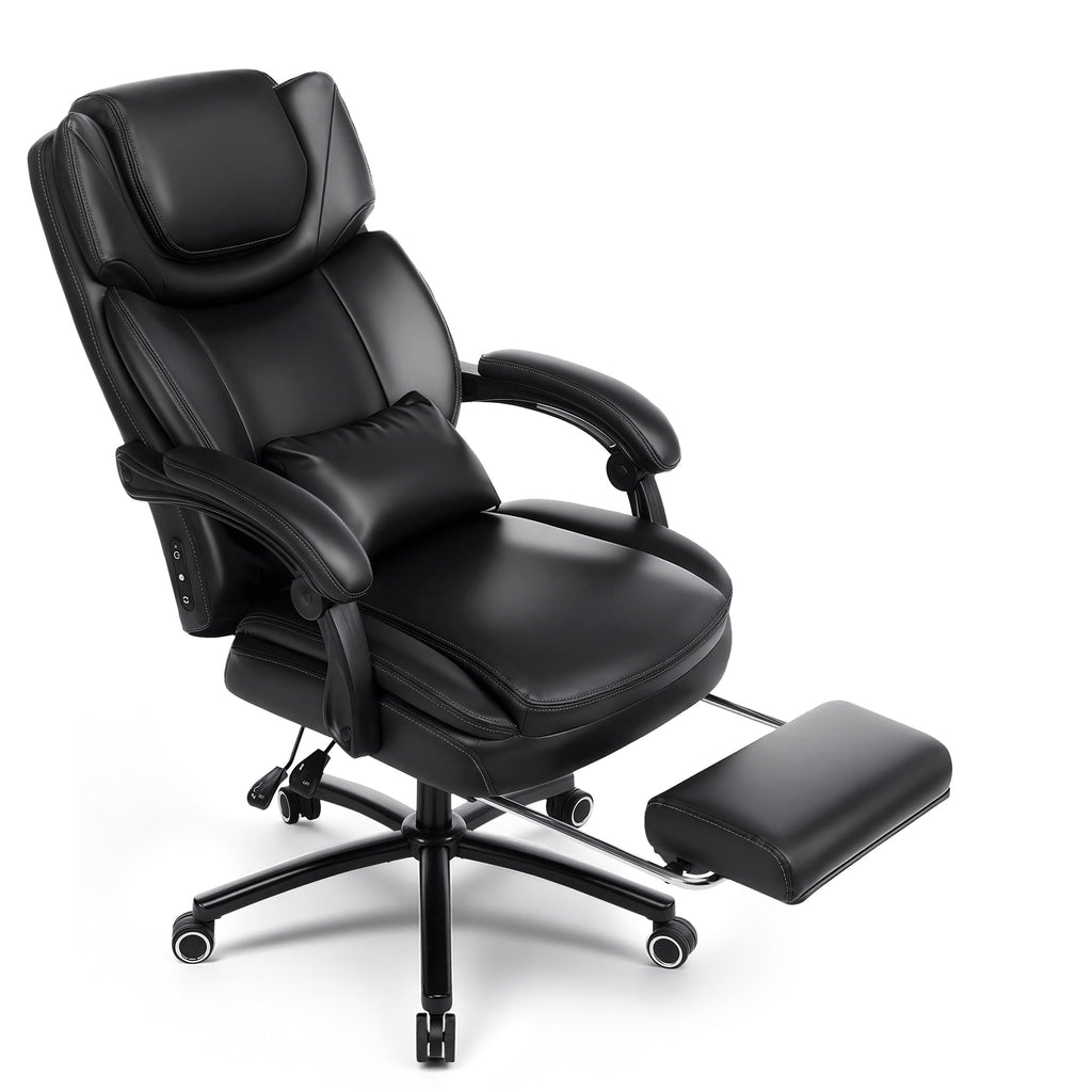 EOP Big and Tall Office Chair with Footrest, Heated Massage Faux Leather Computer Chair with 3D Linkage Armrests and Lumbar Pillow, Black