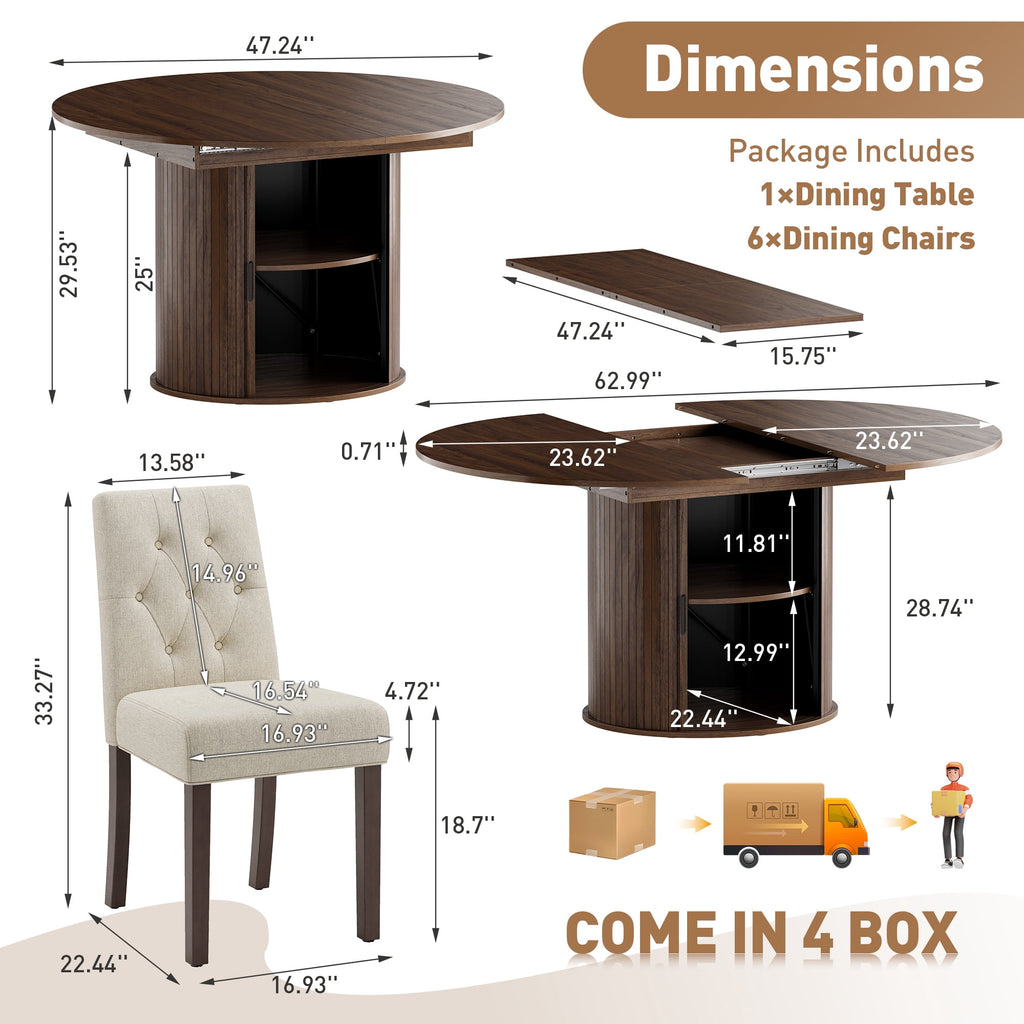 EOP 7-Piece Extendable Dining Table Set for 6, 47"-63" Wood Kitchen Table with 6 Upholstered Chairs, Space-Saving Drop Leaf Kitchen Table for Dining Room, Small Space
