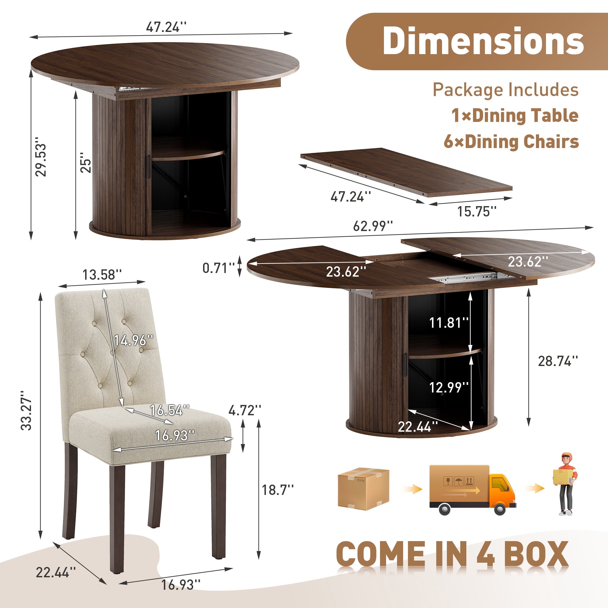 EOP 7-Piece Extendable Dining Table Set for 6, 47"-63" Wood Kitchen Table with 6 Upholstered Chairs, Space-Saving Drop Leaf Kitchen Table for Dining Room, Small Space