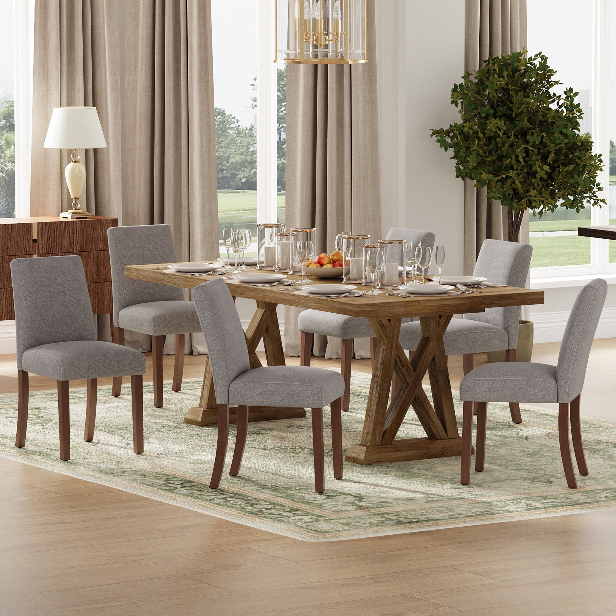 EOP Upholstered Dining Chairs Set of 6, Linen Fabric Dining Side Chairs, Farmhouse Dining Room Chairs, Stylish Kitchen Chairs with Solid Wood Legs and Padded Seat, Gray