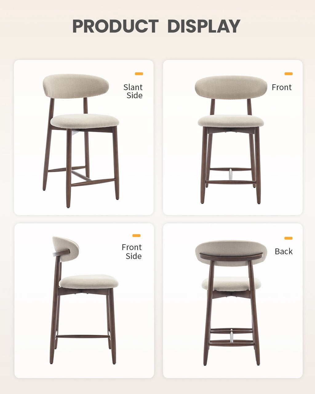 EOP Barstools Set of 2, Mid Century Counter Height Barstools with Curved Back, Upholstered Kitchen Bar Chairs with Wood Legs for Kitchen Island Dining Room