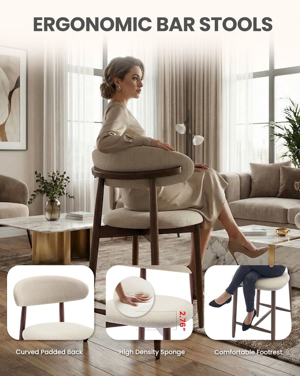 EOP Barstools Set of 2, Mid Century Counter Height Barstools with Curved Back, Upholstered Kitchen Bar Chairs with Wood Legs for Kitchen Island Dining Room