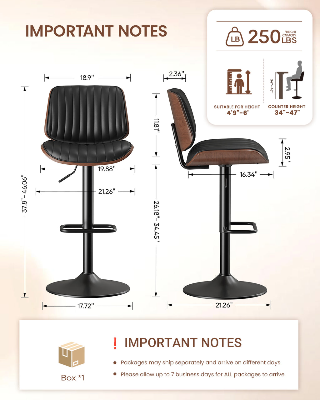 EOP Modern Single Upholstered 26’’H Barstool, Adjustable Height Counter Stool with Bentwood, Faux Leather Swivel Bar Stool with Metal Frame, Black