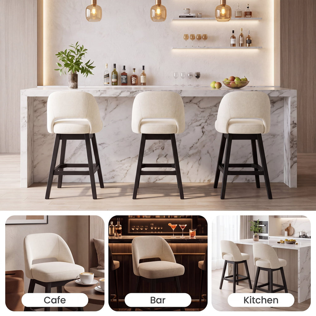 EOP 26'' Swivel Counter Height Bar Stools Set of 2, Modern Upholstered Bar Stools with Curved Back and Solid Wood Legs, Bar Chairs for Kitchen Island Home Bar, Beige