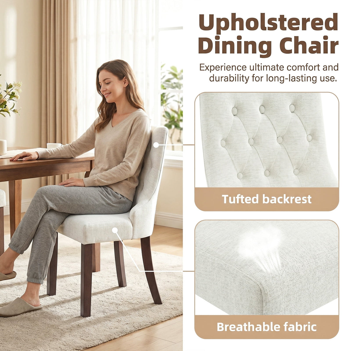 EOP Mid Century Modern Dining Chairs Set of 2, Farmhouse Upholstered Kitchen Chairs with Solid Wood Legs and Button Tufted for Dining Room, Beige