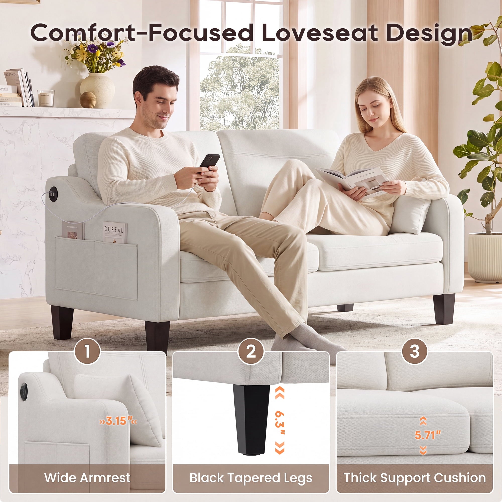EOP 52" Upholstered Loveseat Sofa with USB & Type-C Charging, 2 Seater Small Couch with Storage Pockets & Armrest Pillows for Living Room, Apartment, Office, Small Spaces, Beige