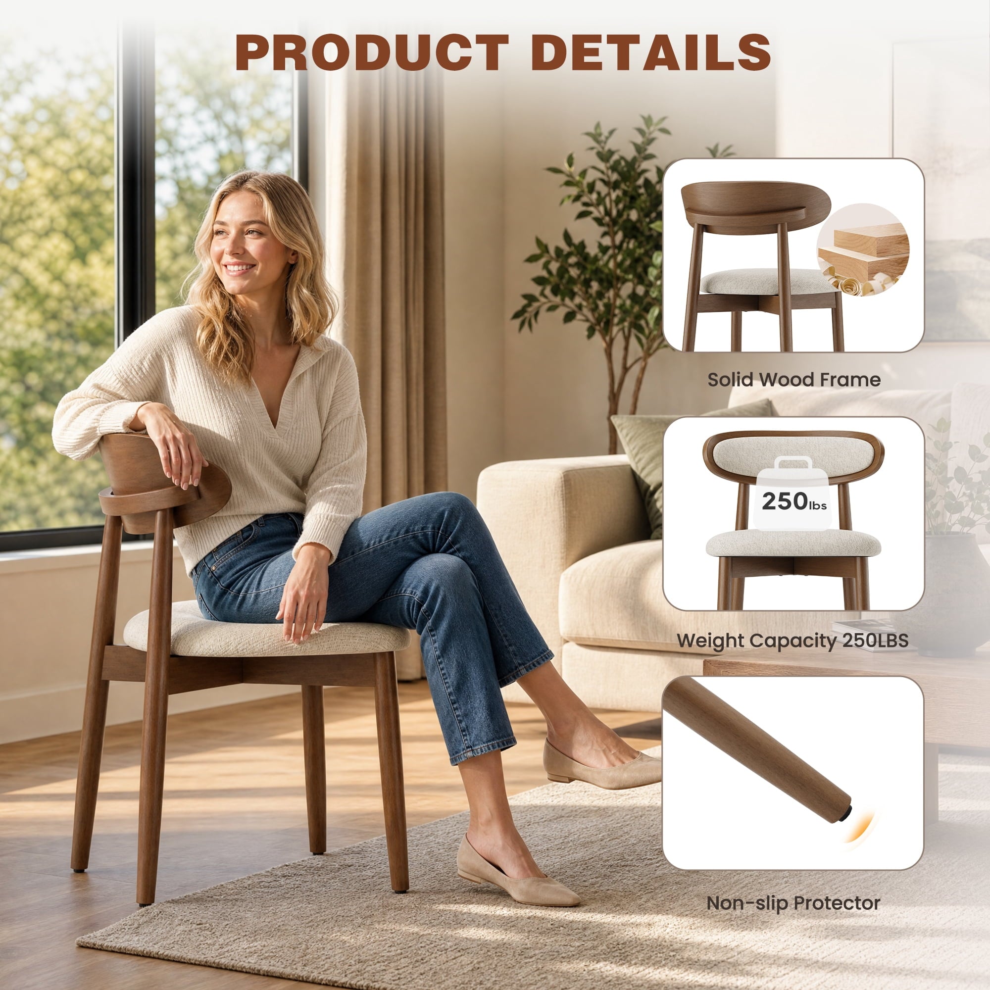 EOP Upholstered Dining Chairs Set of 2, Farmhouse Modern Fabric Wooden Dining Room Chair with Curved Back, Kitchen Side Chairs for Restaurant, Living Room, Beige