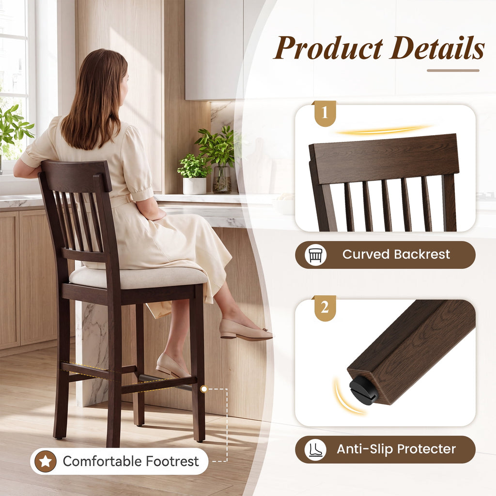 EOP Windsor Armless Bar Stools Set of 2 Counter Height Stool Wooden Barstools Antique-style Island chair for Kitchen Bar Dining Room, Dark Brown