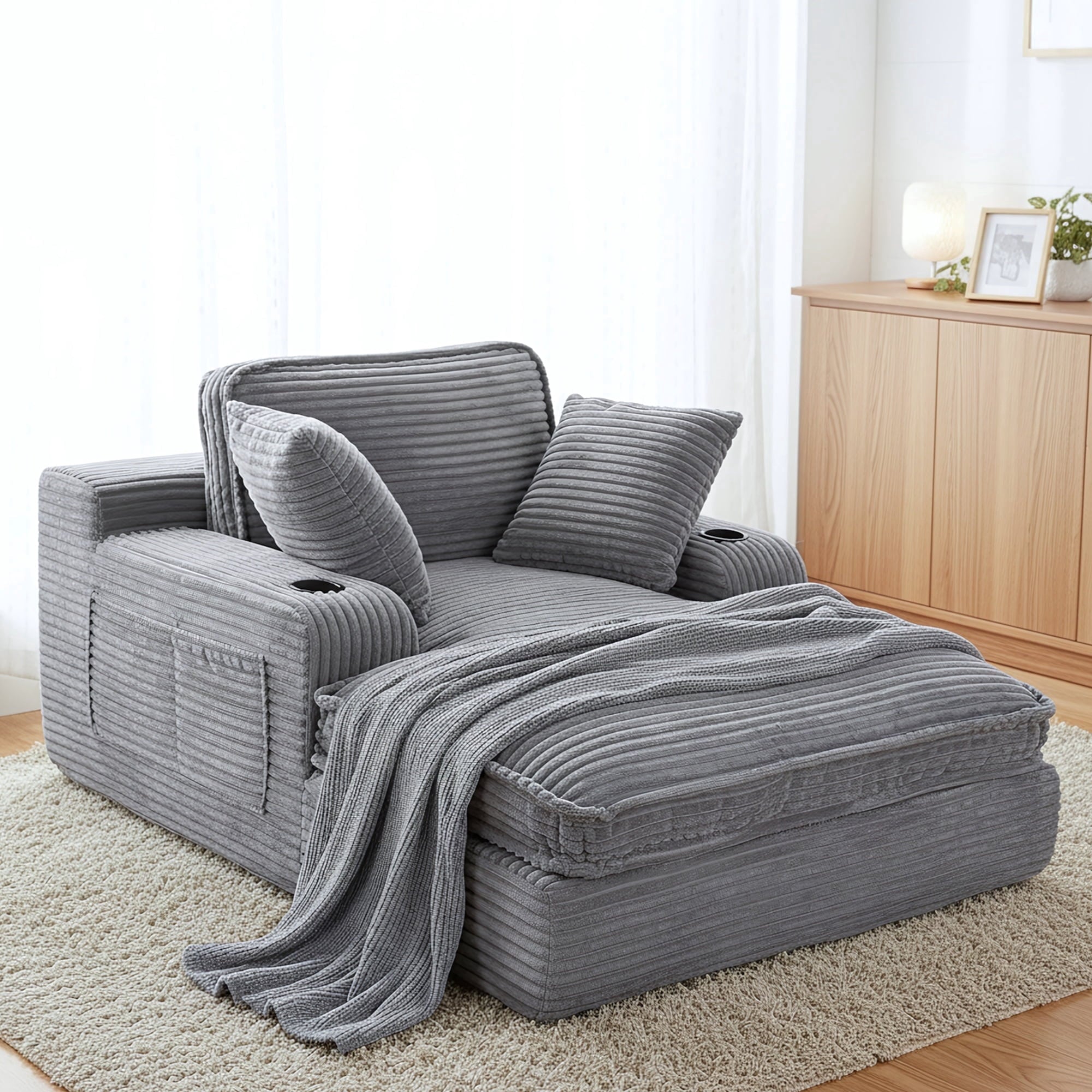 EOP 67'' Oversized Chaise Lounge Chair Indoor, Plush Boneless Cloud Couch with Side Pockets & Cup Holders, Comfy Corduroy Sleeper Couch with Removable Pillows for Living Room, Gray