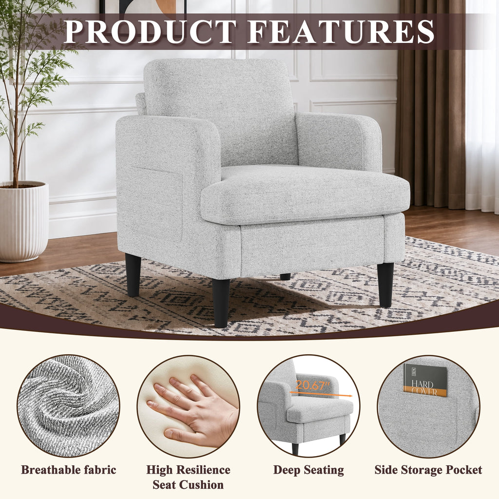 EOP 29.13" Accent Chairs Upholstered Fabric Compty Chairs with Armrest Reading Chair with Solid Wood Frame for Living Room Reading Room, Gray
