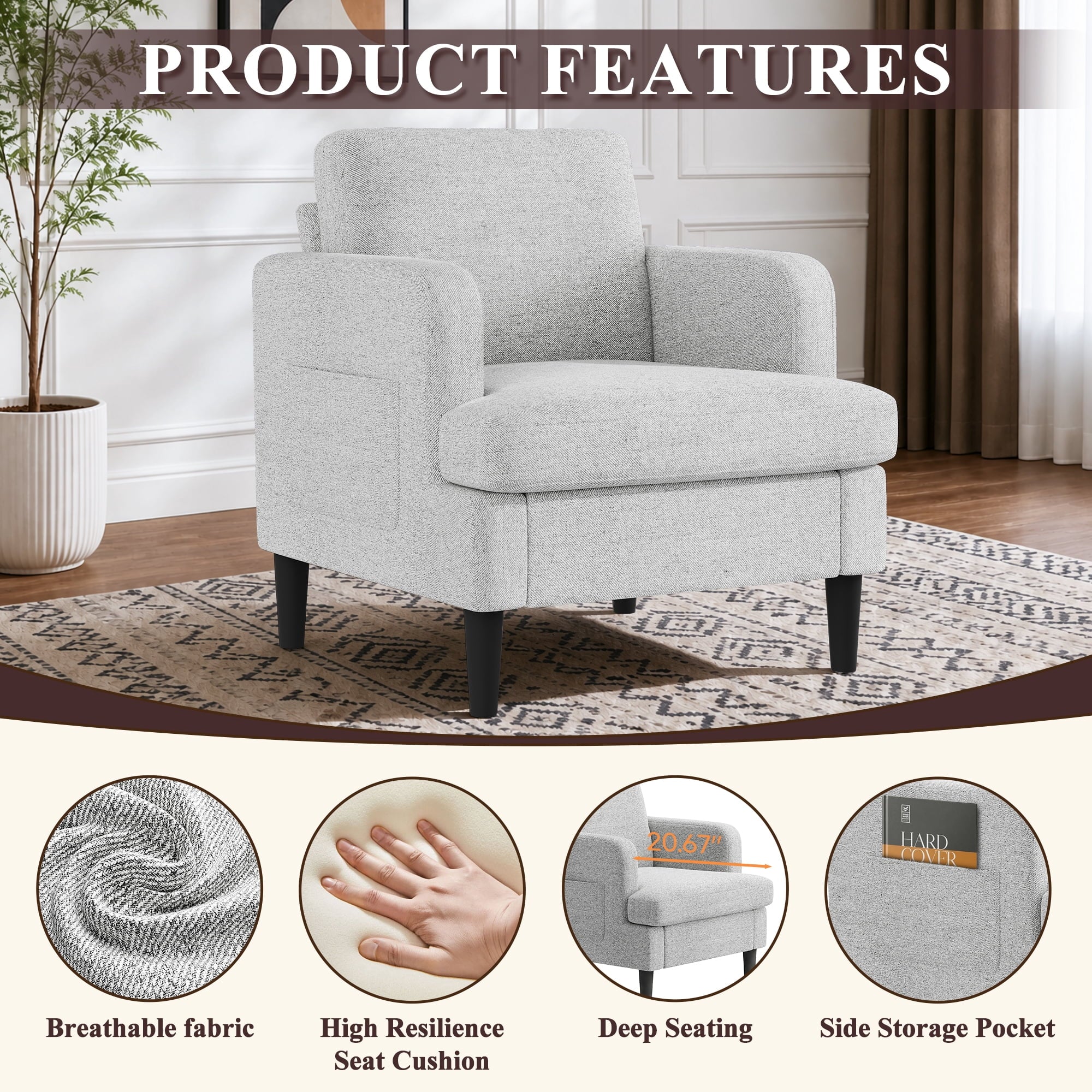 EOP 29.13" Accent Chairs Upholstered Fabric Compty Chairs with Armrest Reading Chair with Solid Wood Frame for Living Room Reading Room, Gray