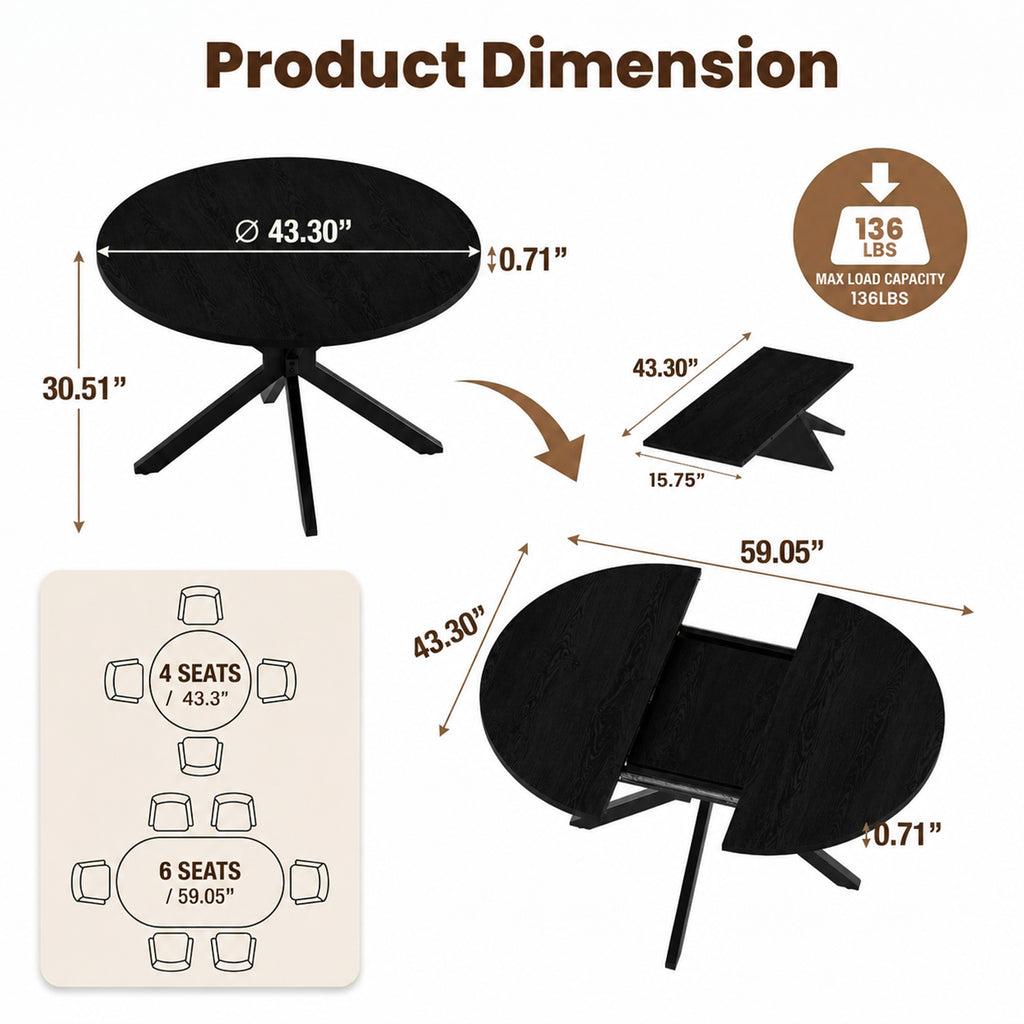 EOP 7-Piece Dining Set with Expandable 43″- 59″ Dining Table and 6 Upholstered Chairs for Small Spaces Small Home Kitchen Apartment, Black Table with Green Chairs