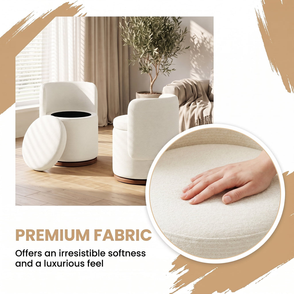 EOP Vanity Chair with Storage, 360° Swivel Upholstered Makeup Vanity Stool with Back, Modern Round Accent Stool for Bedroom or Dressing Room, White