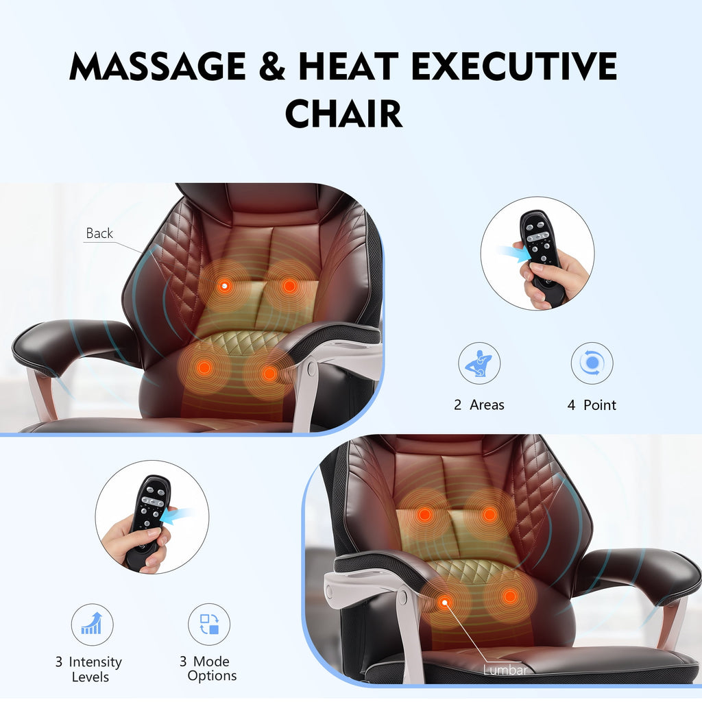 EOP Massage Big and Tall Office Chair with Heat and 4 Vibration Points, Executive Desk Chair with Adjustable Footrest, Black