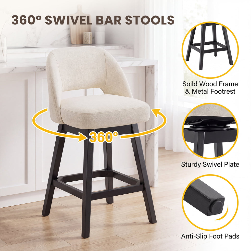 EOP 26'' Swivel Counter Height Bar Stools Set of 2, Modern Upholstered Bar Stools with Curved Back and Solid Wood Legs, Bar Chairs for Kitchen Island Home Bar, Beige