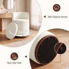 EOP Vanity Chair with Storage, 360° Swivel Upholstered Makeup Vanity Stool with Back, Modern Round Accent Stool for Bedroom or Dressing Room, White