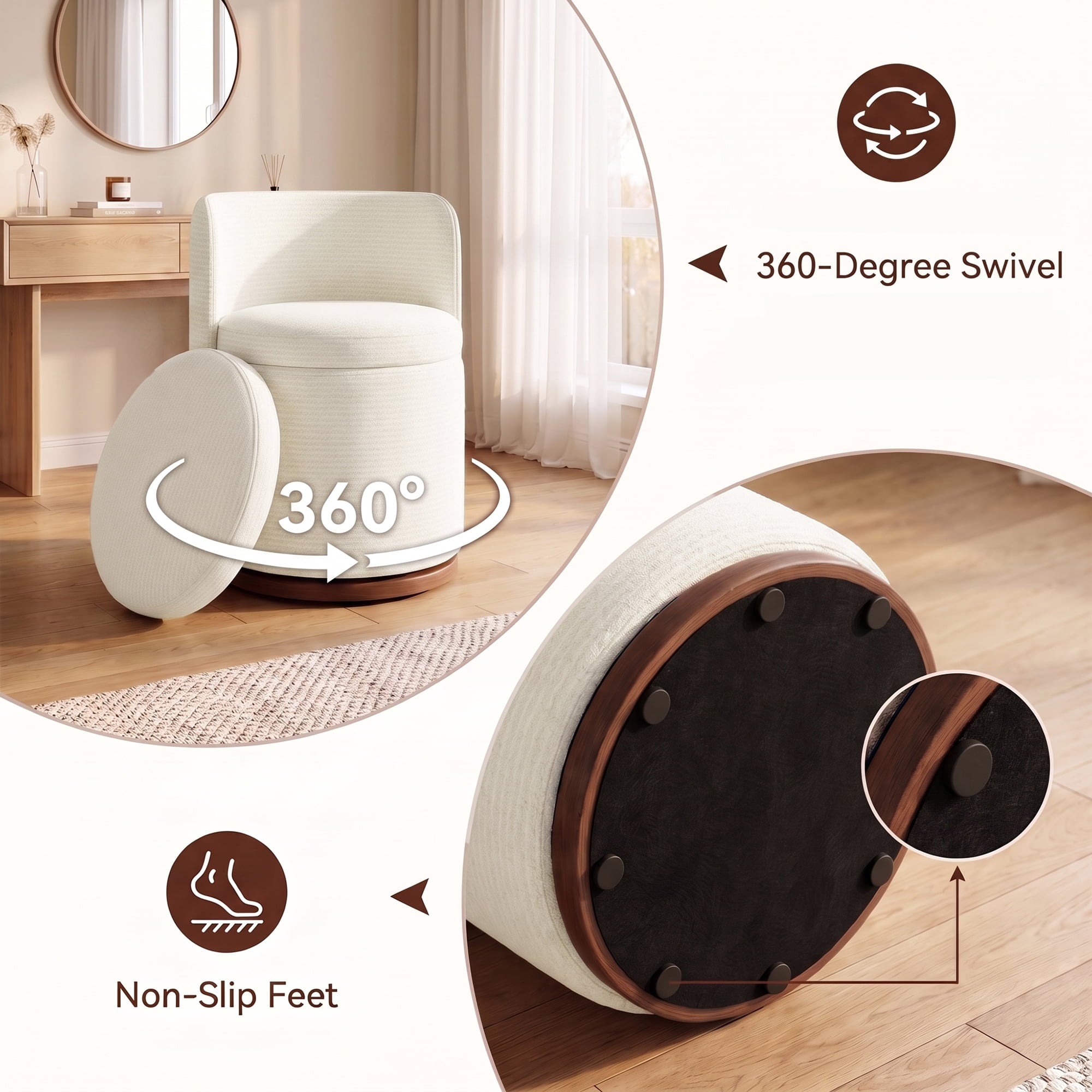 EOP Vanity Chair with Storage, 360° Swivel Upholstered Makeup Vanity Stool with Back, Modern Round Accent Stool for Bedroom or Dressing Room, White