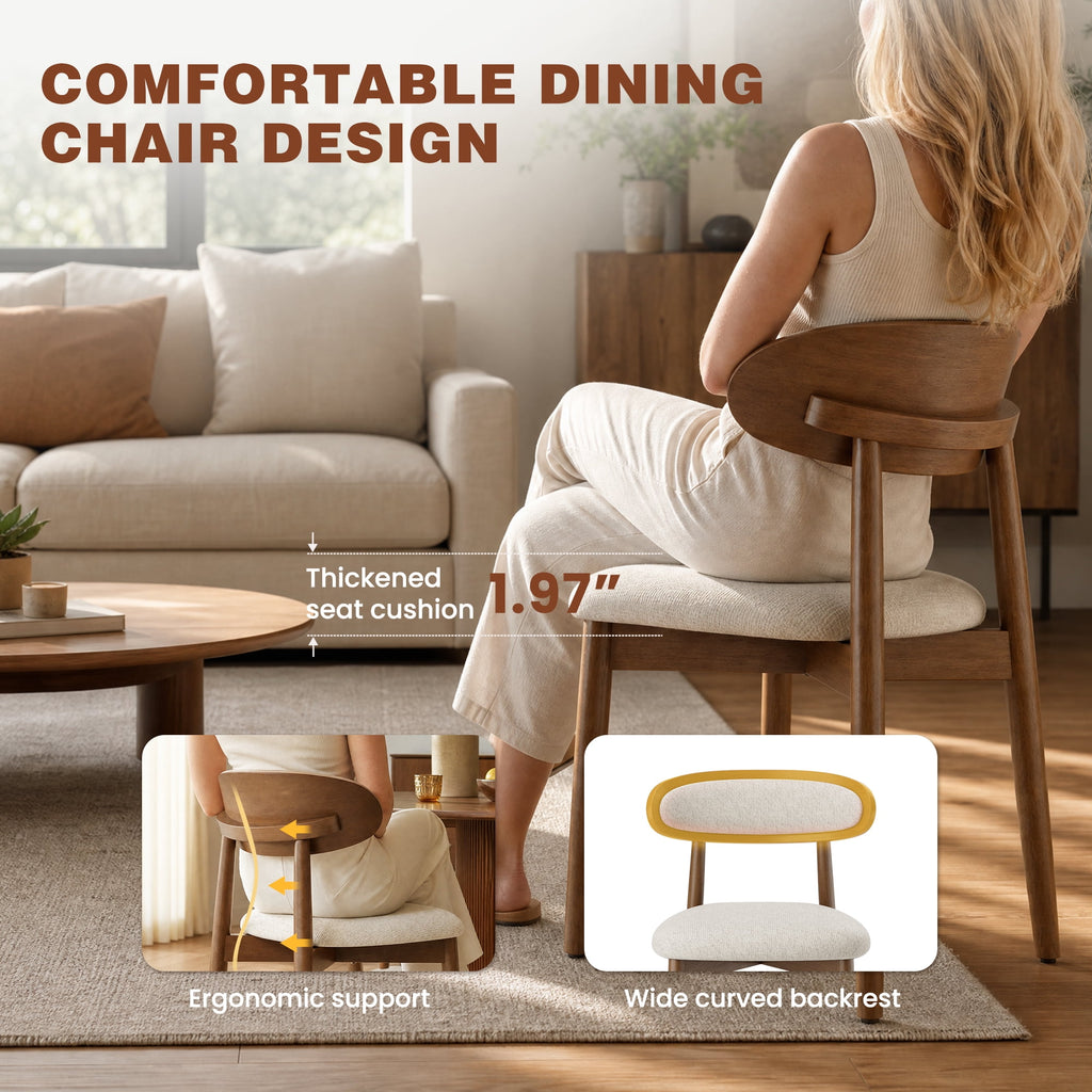 EOP Upholstered Dining Chairs Set of 2, Farmhouse Modern Fabric Wooden Dining Room Chair with Curved Back, Kitchen Side Chairs for Restaurant, Living Room, Beige