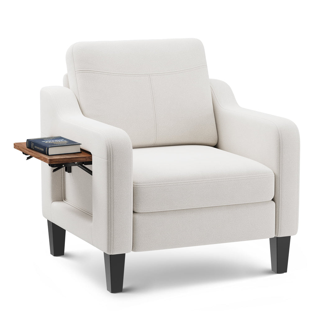 EOP Modern Upholstered Armchair, Linen Fabric Accent Chair with 2 Side Pockets, Living Room Chair with Foldable Table, Comfy Reading Chair for Bedroom, Beige