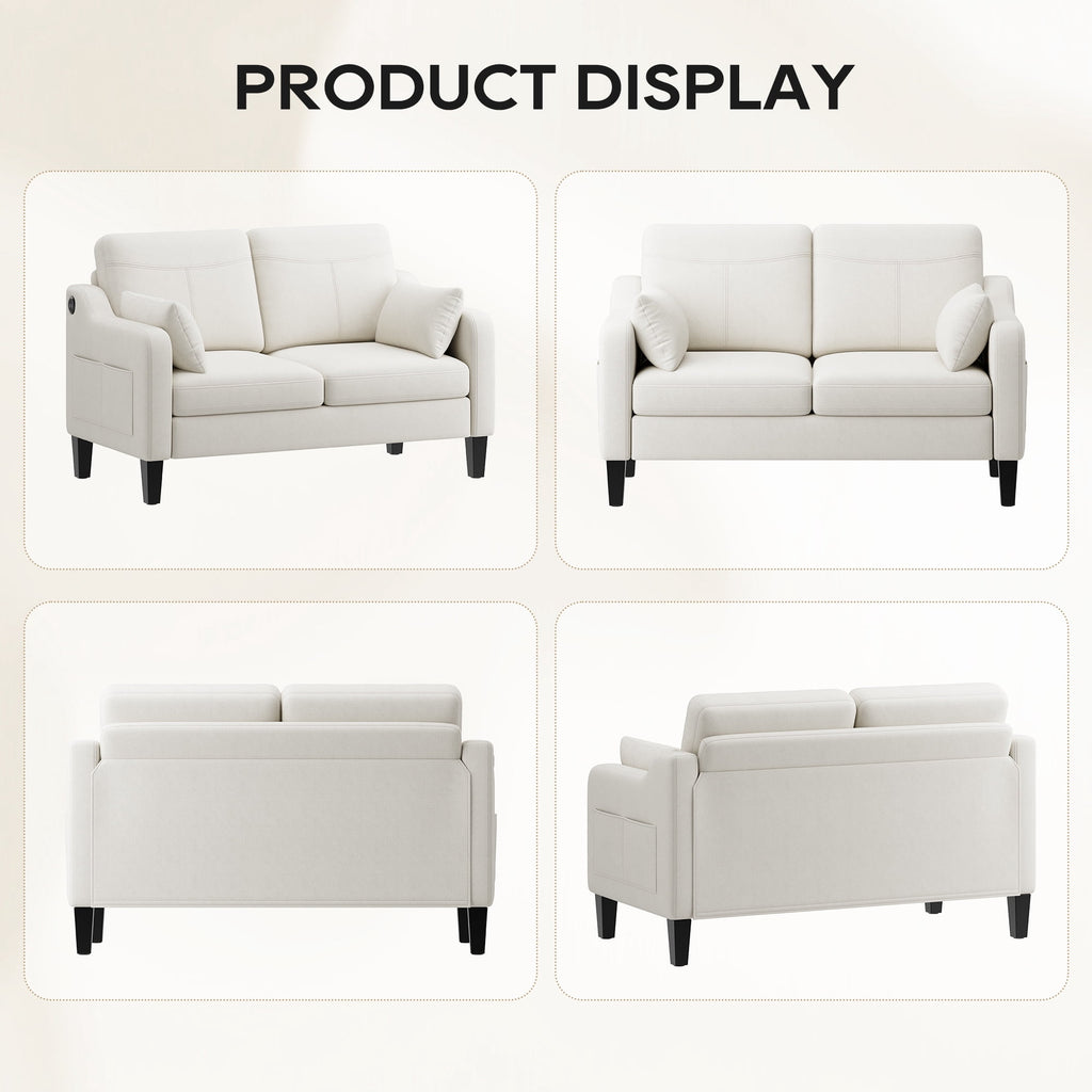 EOP 52" Upholstered Loveseat Sofa, Modern Comfy 2 Seater Couches with USB & Type-C Port, Side Pockets & 2 Pillows for Living Room, Apartment and Small Spaces, Beige