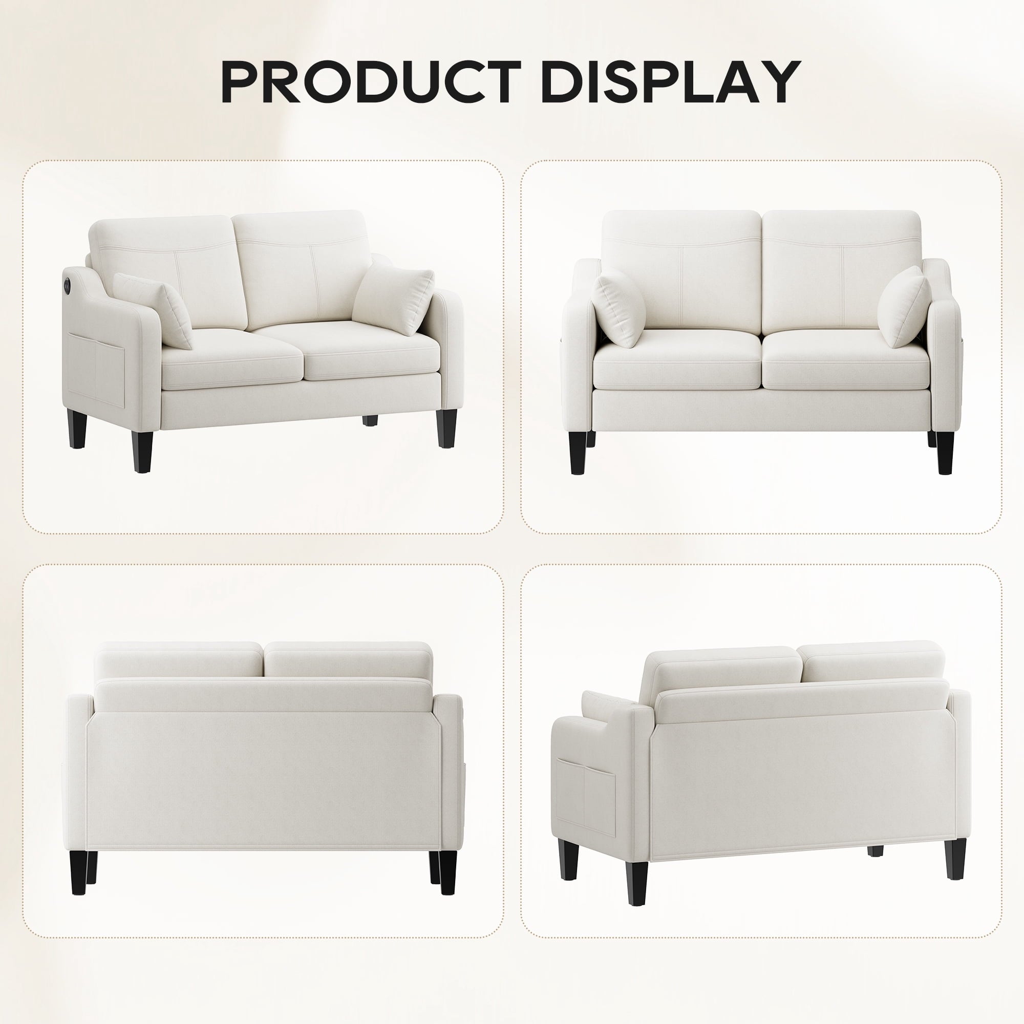 EOP 52" Upholstered Loveseat Sofa, Modern Comfy 2 Seater Couches with USB & Type-C Port, Side Pockets & 2 Pillows for Living Room, Apartment and Small Spaces, Beige