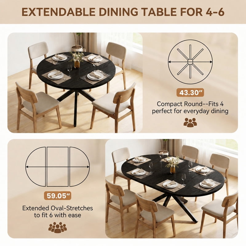 EOP 5-Piece Dining Set with Expandable 43″- 59″ Dining Table and 4 Upholstered Chairs for Small Spaces Small Home Kitchen Apartment, Black Table with Green Chairs
