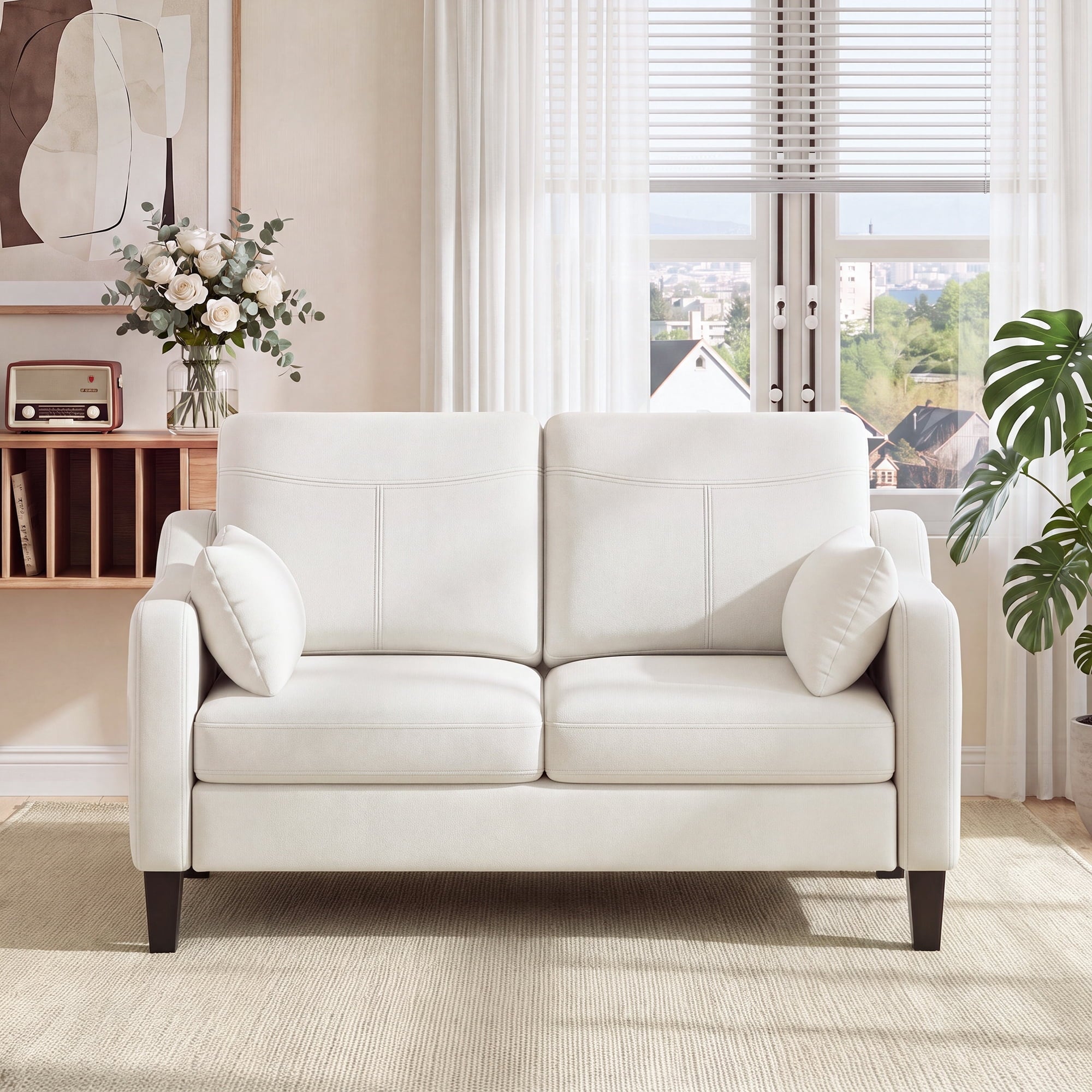 EOP 52" Upholstered Loveseat Sofa with USB & Type-C Charging, 2 Seater Small Couch with Storage Pockets & Armrest Pillows for Living Room, Apartment, Office, Small Spaces, Beige