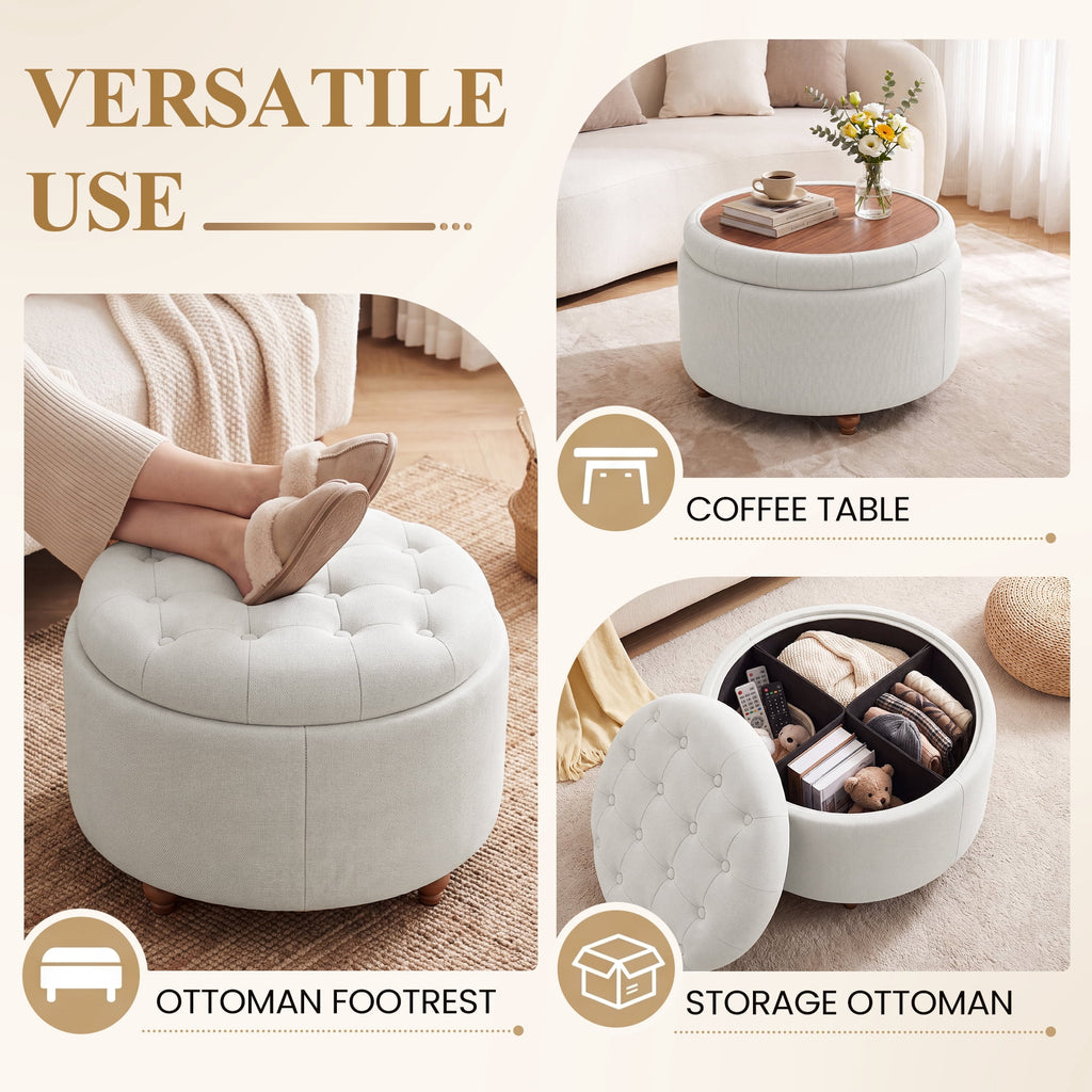EOP 25" Round Storage Ottoman, Tufted Fabric Modern Circle Ottoman with Reversible Tray Lid, Solid Wood Legs, Multi-Use Coffee Table & Seating for Living Room, Bedroom, Beige